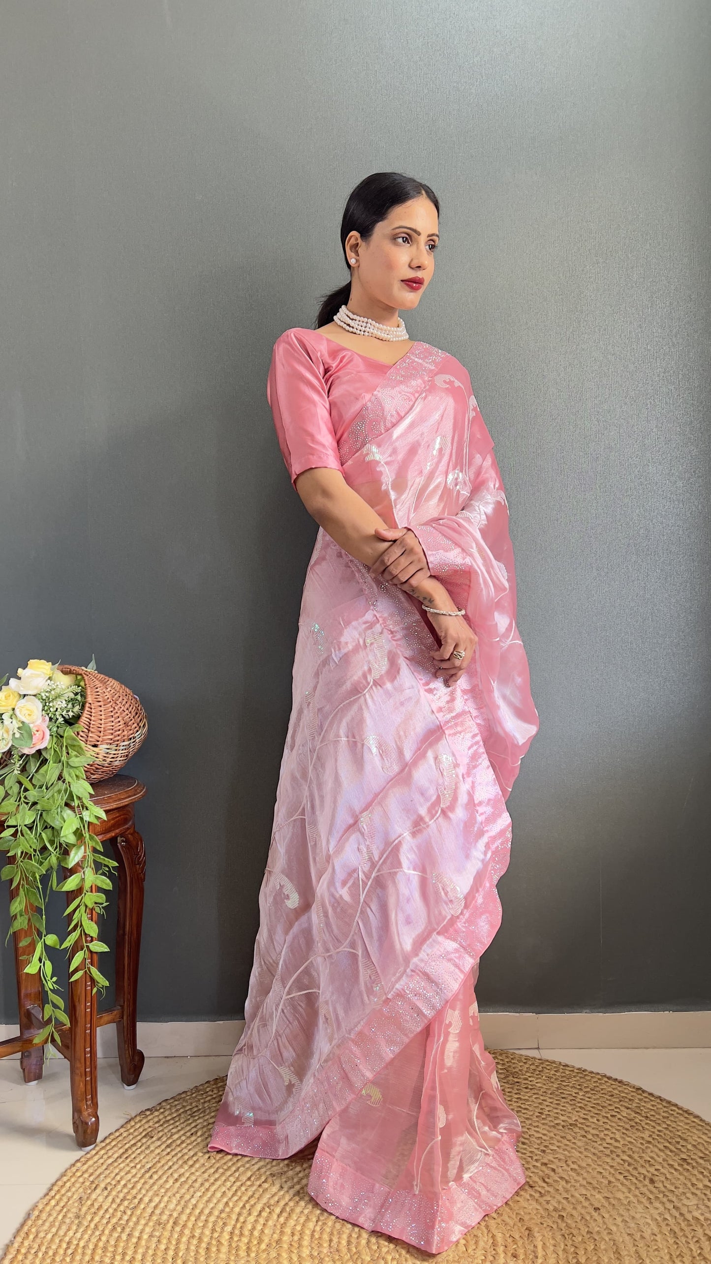 Glimmering Pink Color Embroidery Work Burbury Silk Saree