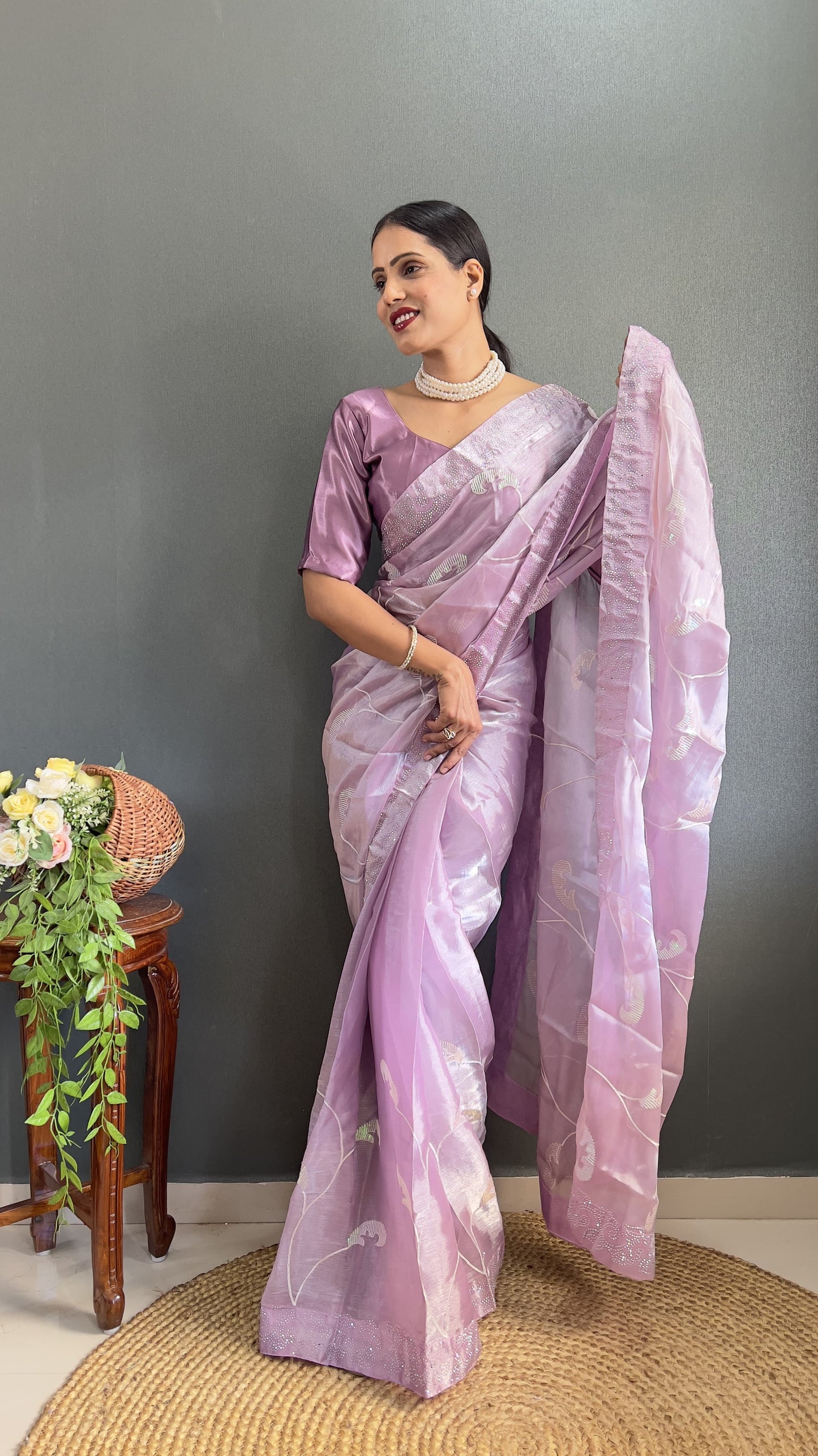 Glimmering Purple Color Embroidery Work Burbury Silk Saree