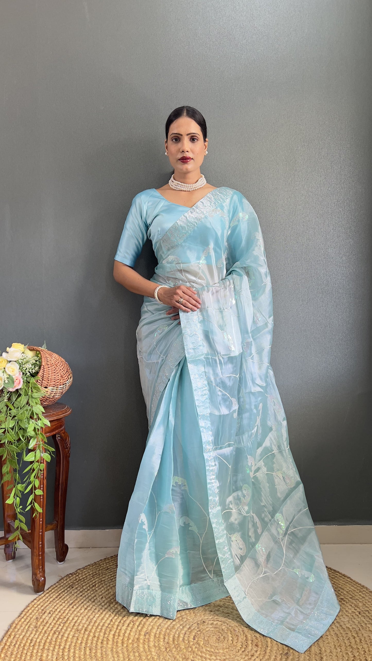 Glimmering Sky Blue Color Embroidery Work Burbury Silk Saree