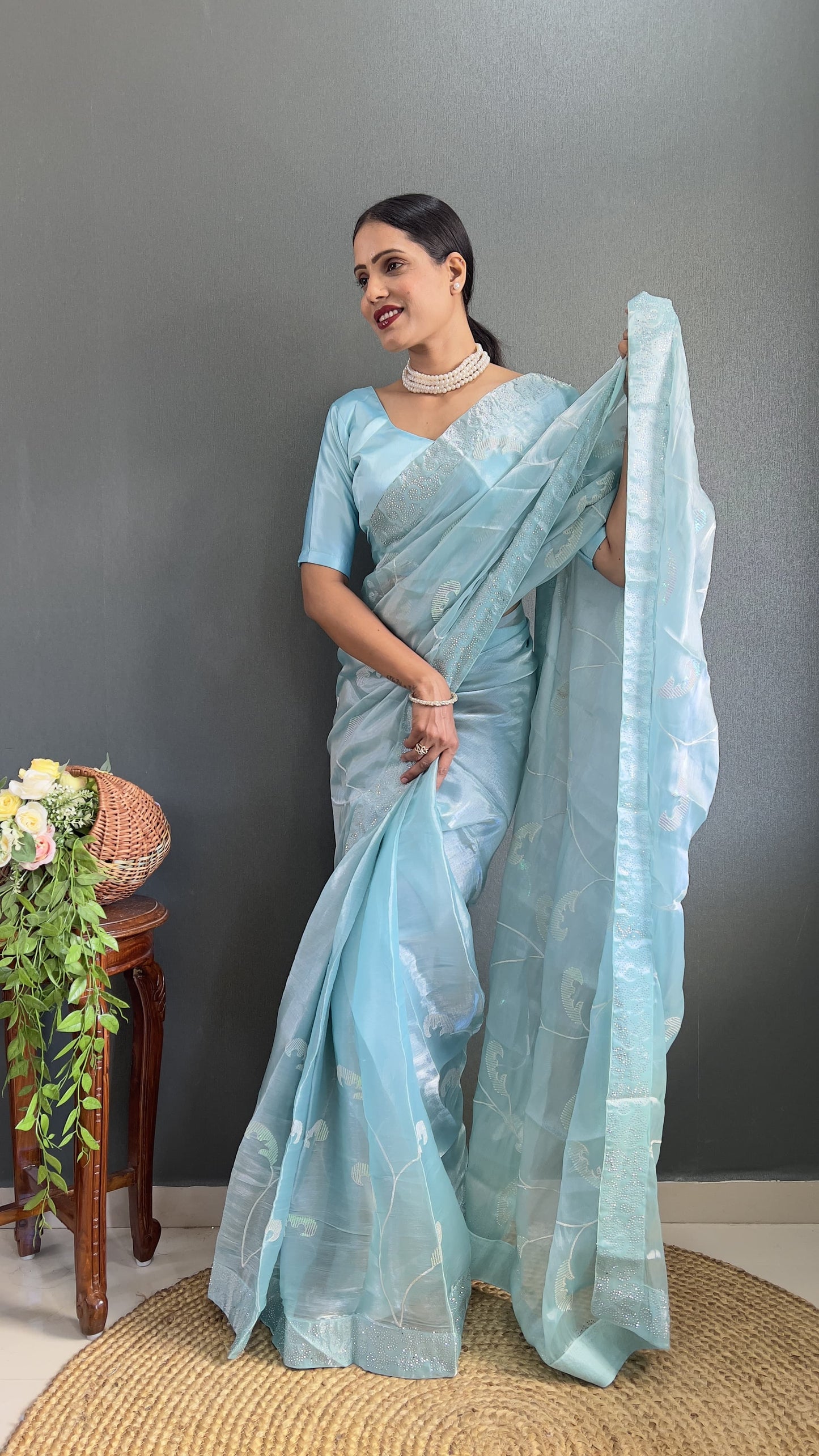 Glimmering Sky Blue Color Embroidery Work Burbury Silk Saree