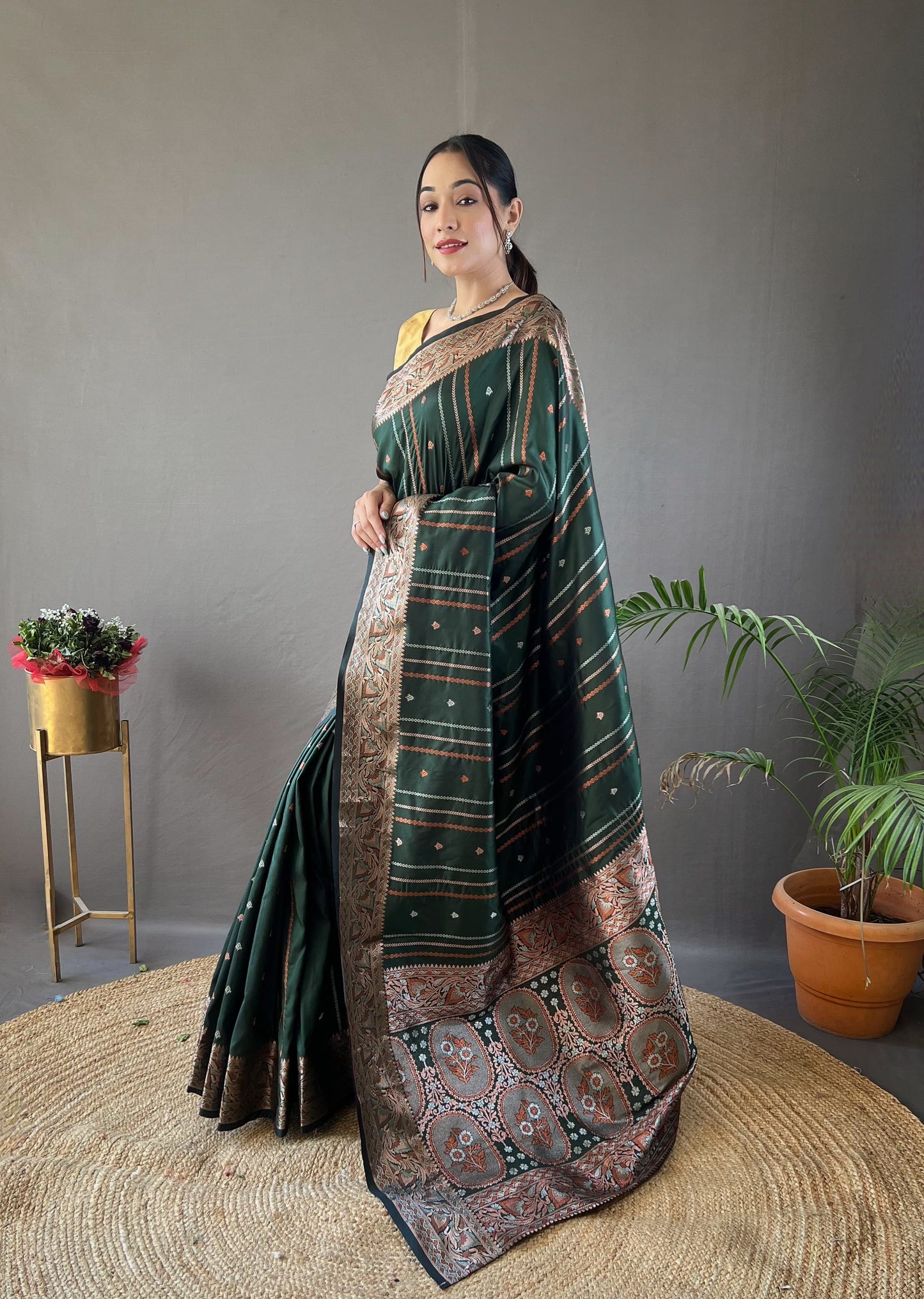 Outstanding Silk Jacquard Weaving Green Color Saree