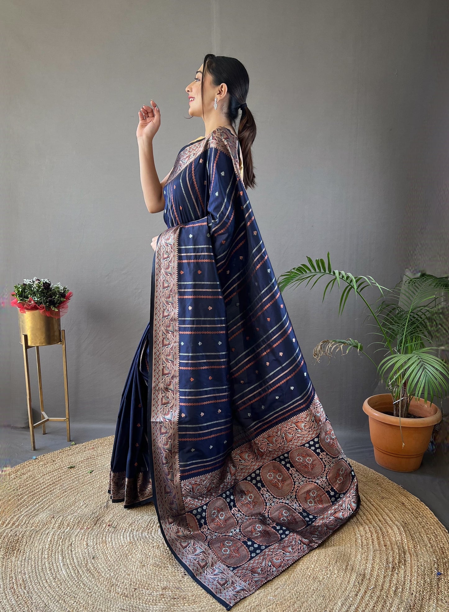 Outstanding Silk Jacquard Weaving Navy Blue Color Saree