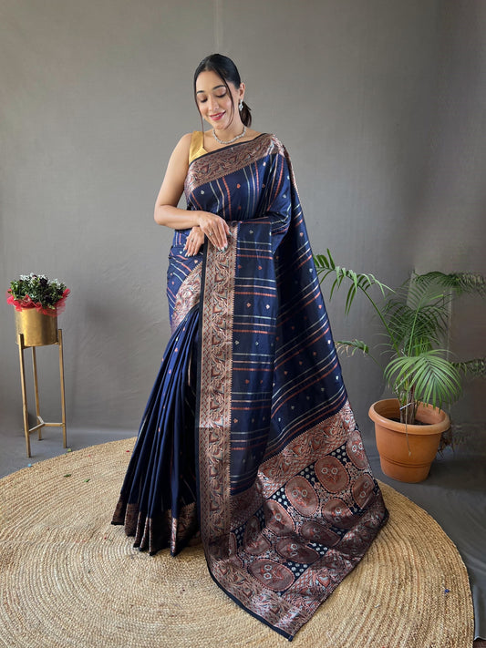 Outstanding Silk Jacquard Weaving Navy Blue Color Saree