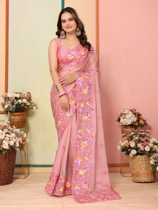 Fabulous Pink Color Organza Silk Saree