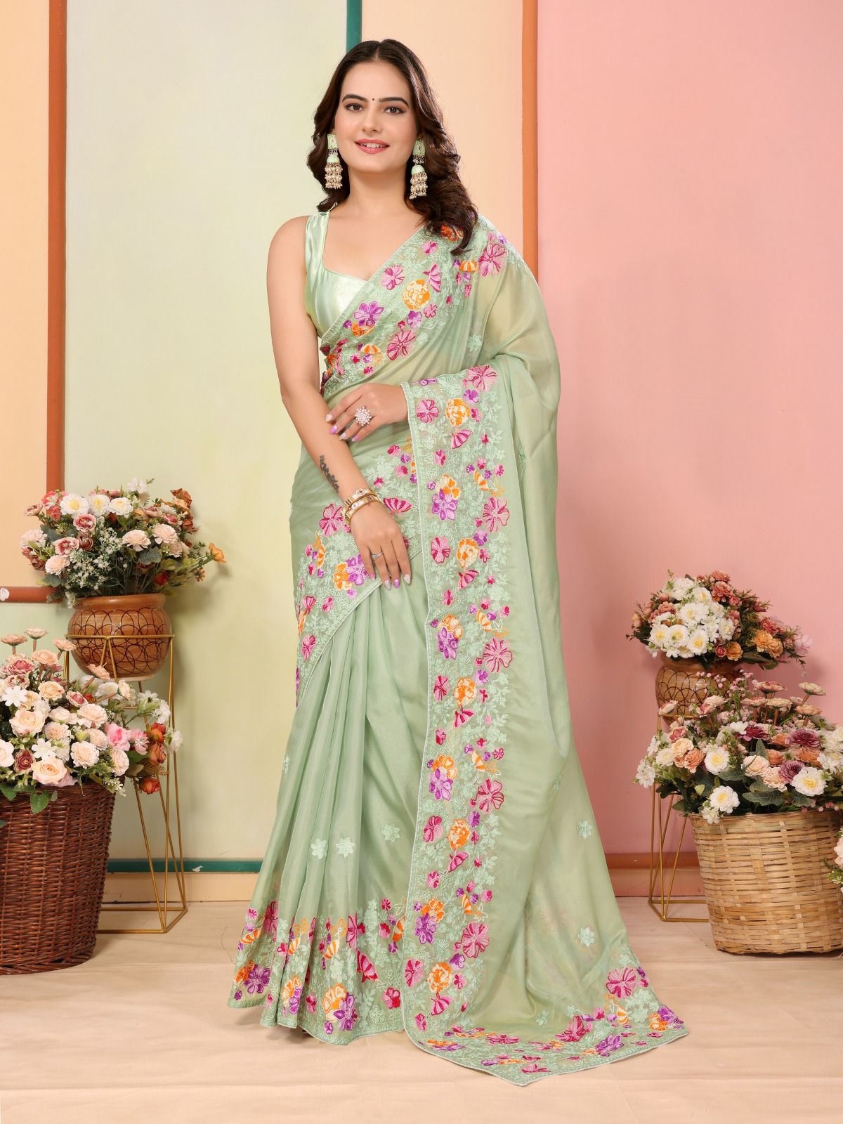 Fabulous Pista Color Organza Silk Saree