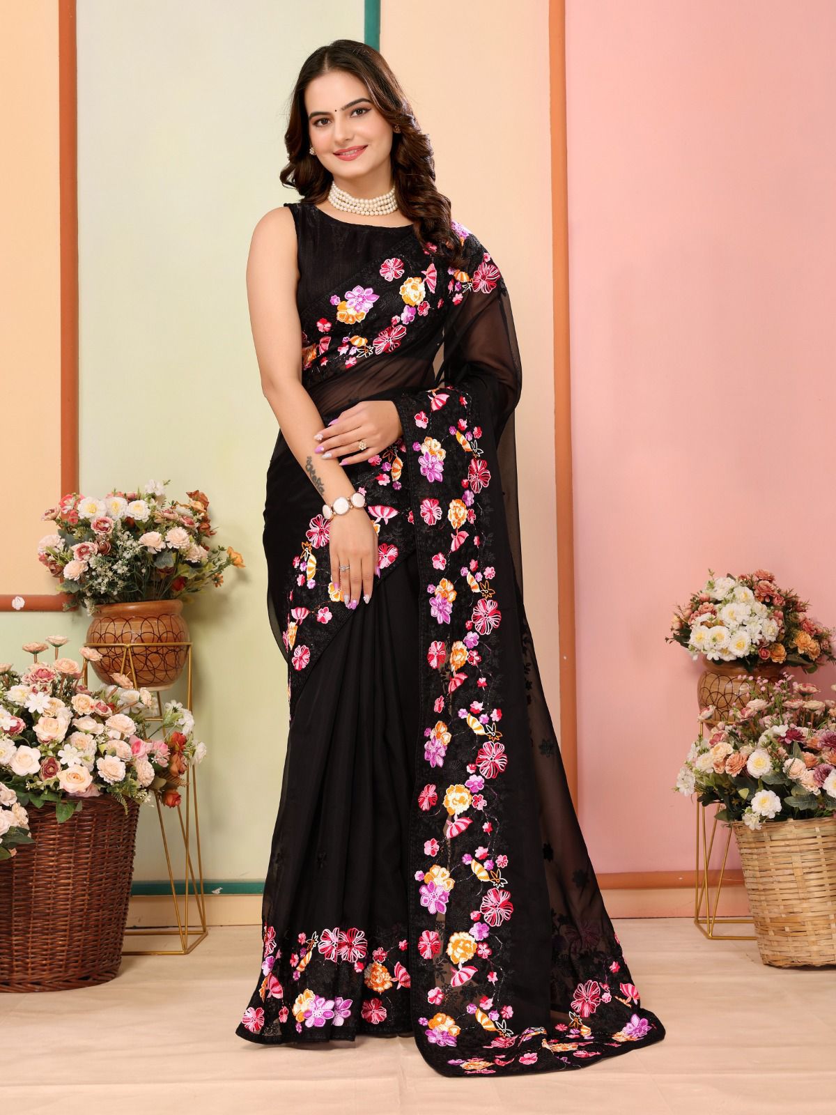 Fabulous Black Color Organza Silk Saree