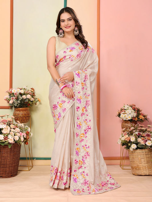 Fabulous Beige Color Organza Silk Saree