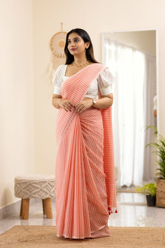 Ravishing Linen Cotton Peach Color Saree