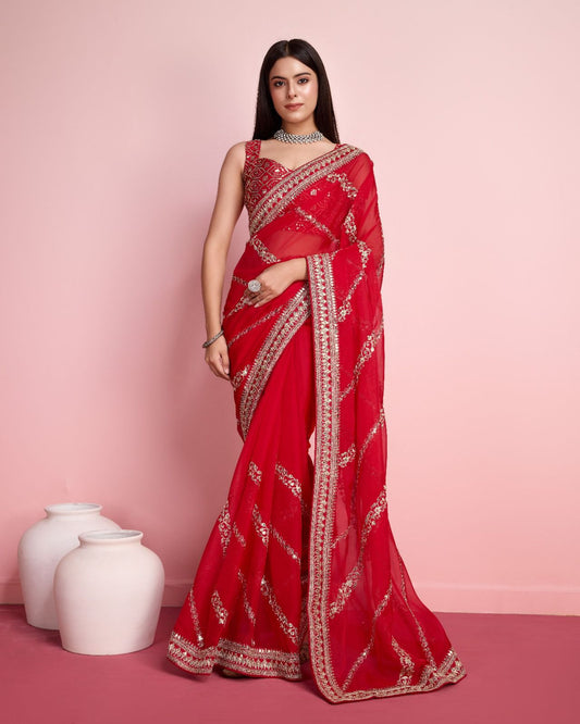 A Innovative Red Color Taby Silk Saree