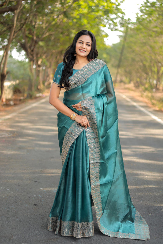 Awesome Sky Blue Color Burbury Silk Saree