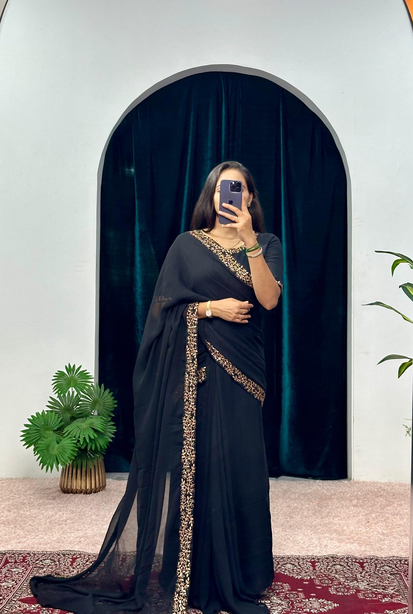 Peaceful Georgette Embroidery Work Black Color Gown With Saree