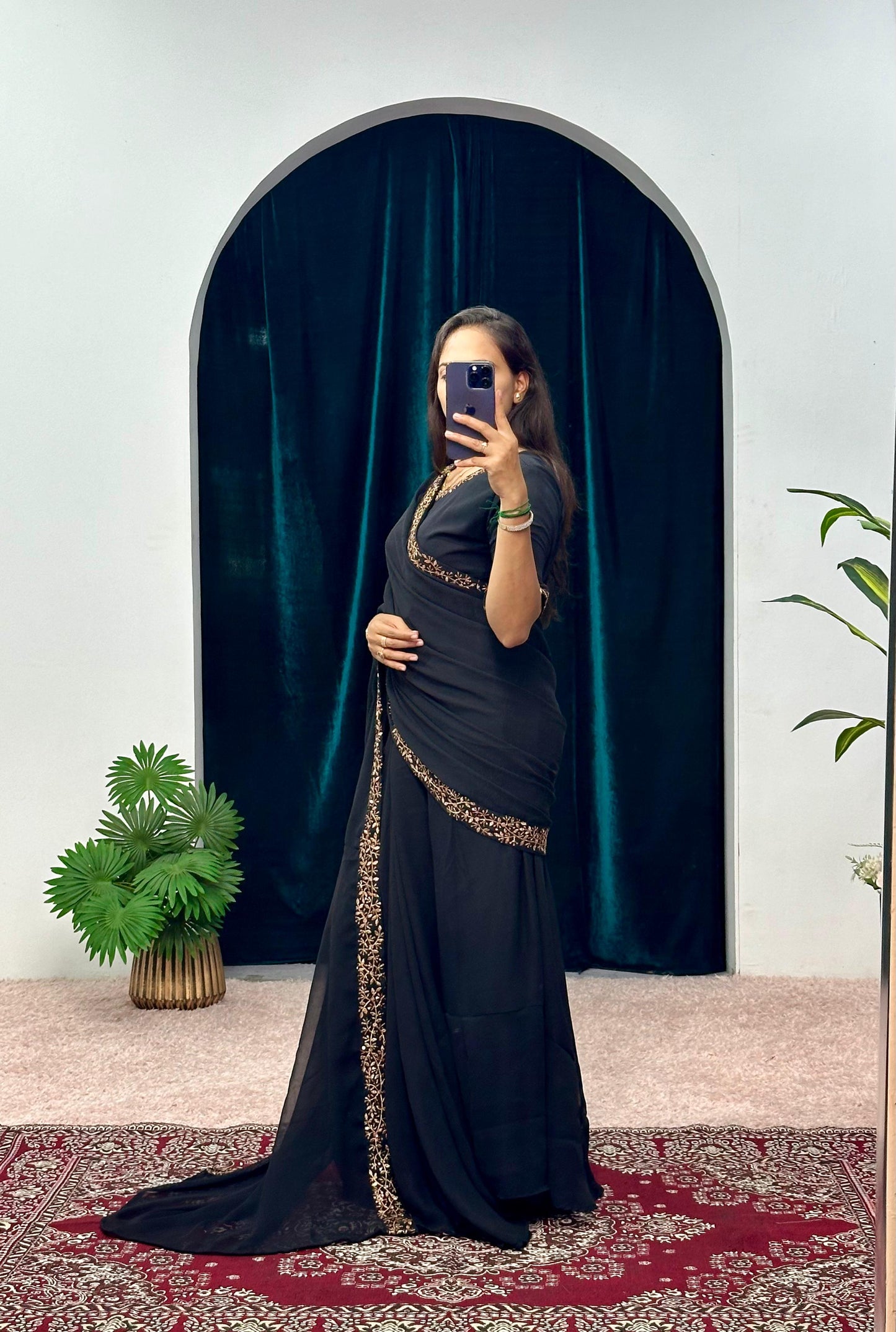 Peaceful Georgette Embroidery Work Black Color Gown With Saree