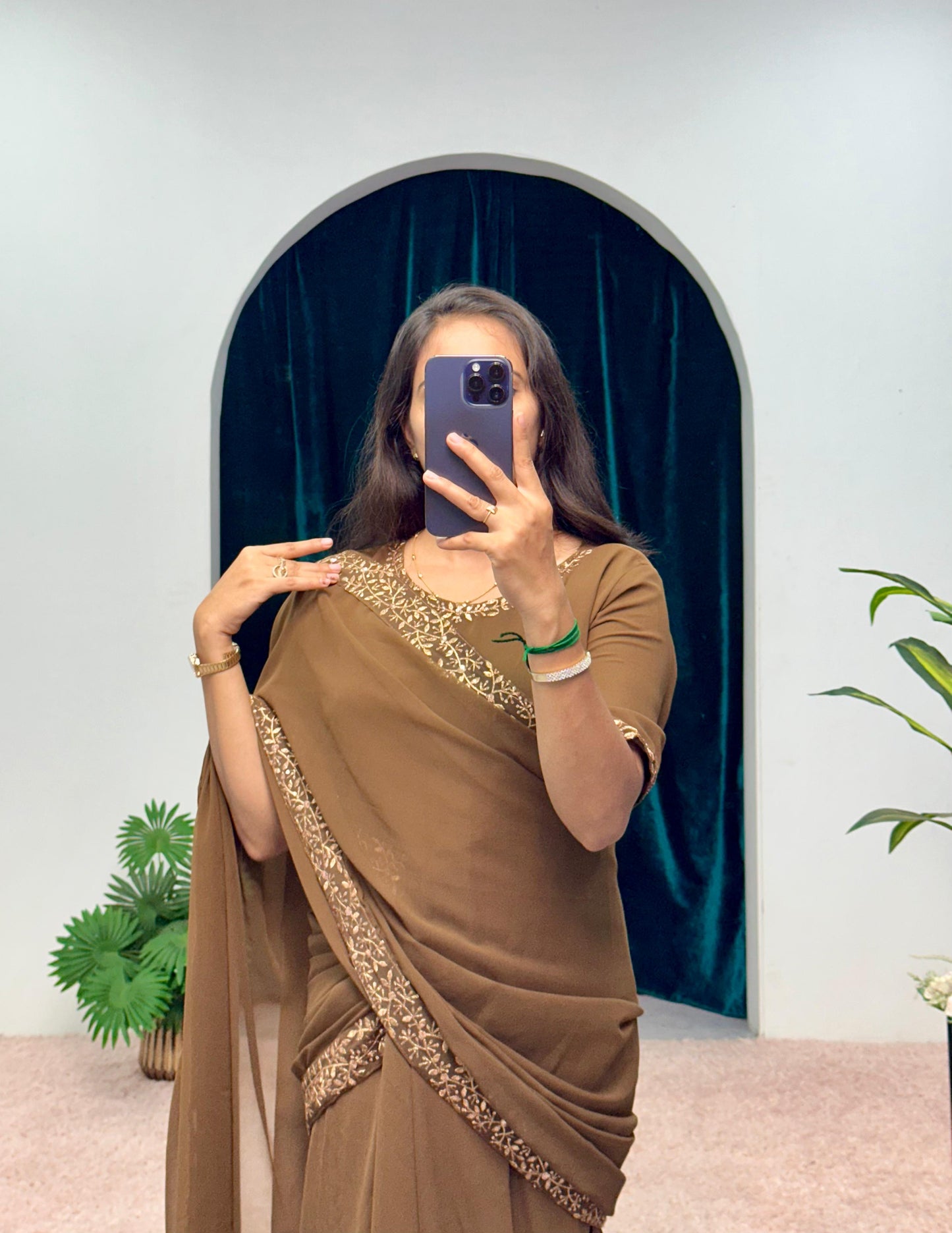 Peaceful Georgette Embroidery Work Brown Color Gown With Saree