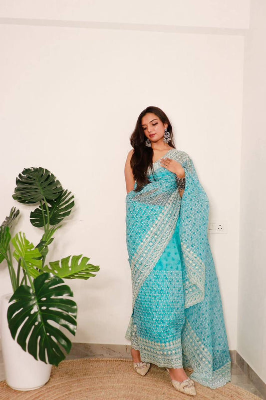 Exotic Pure Organza Sky Blue Color Saree