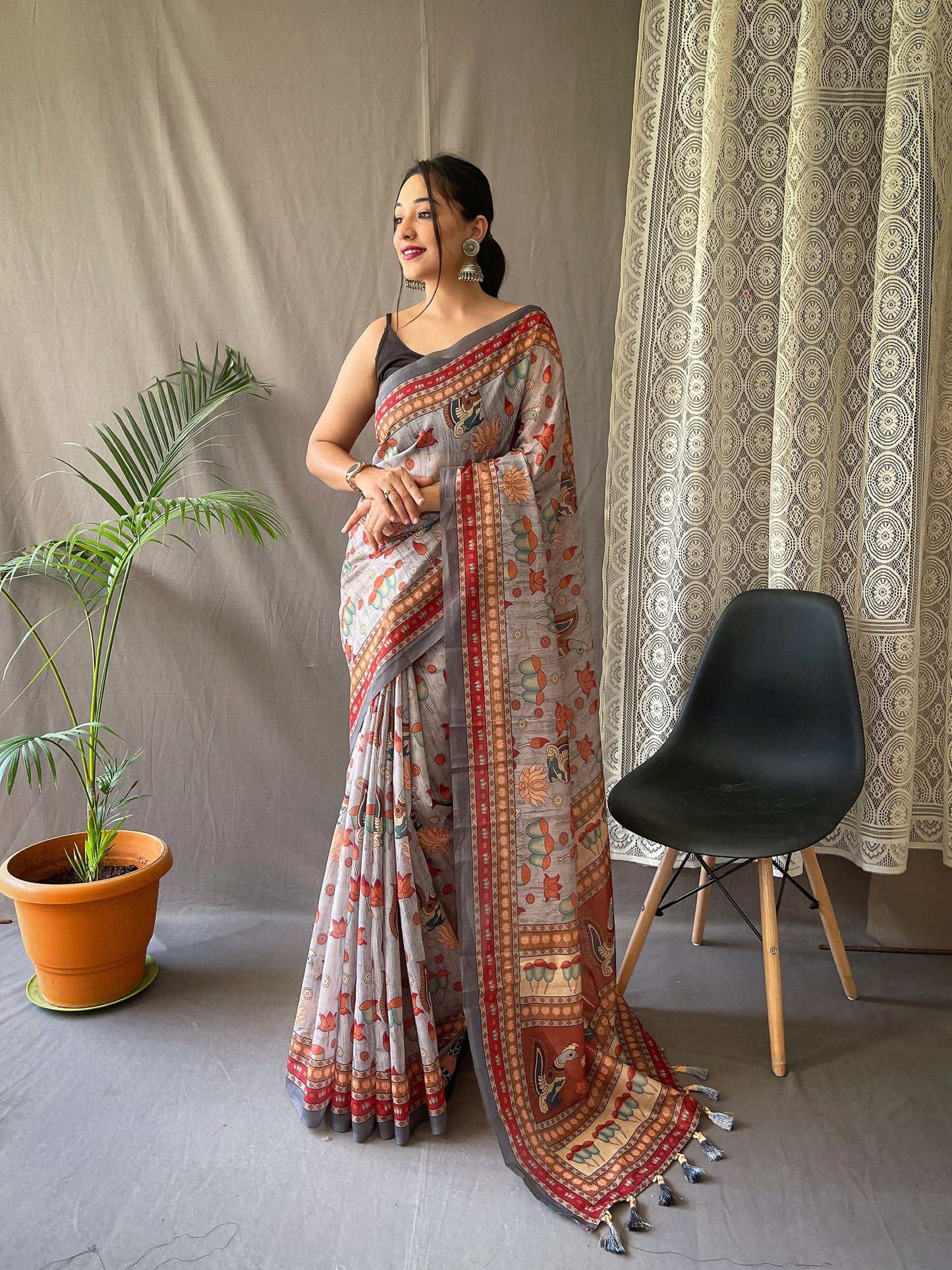 Luxuriant Cotton Digital Print Grey Color Saree