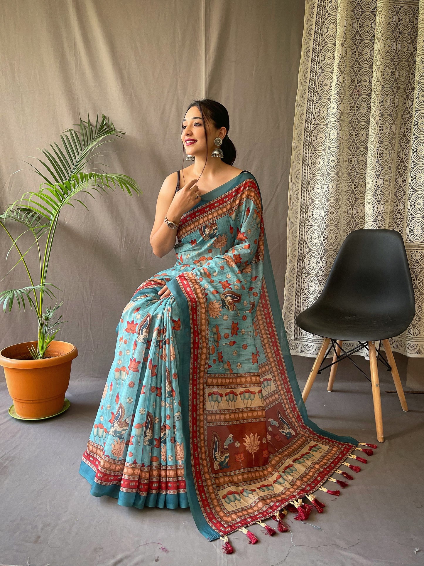 Luxuriant Cotton Digital Print Sky Blue Color Saree