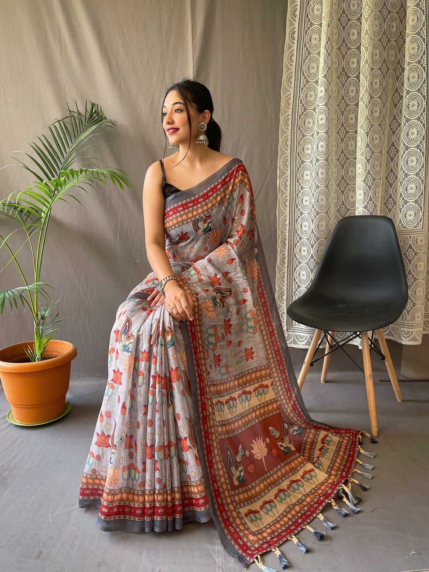 Luxuriant Cotton Digital Print Grey Color Saree