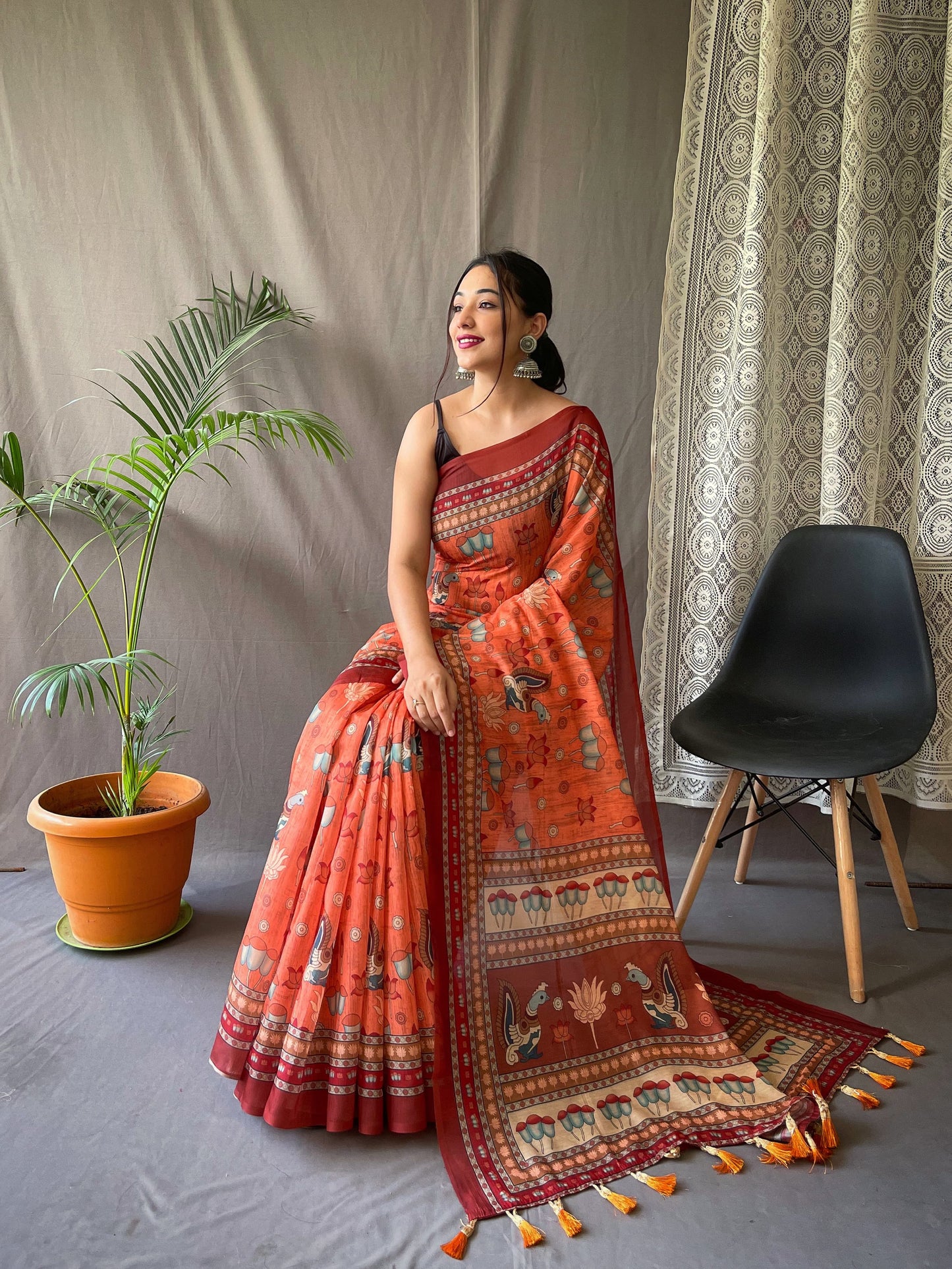 Luxuriant Cotton Digital Print Orange Color Saree