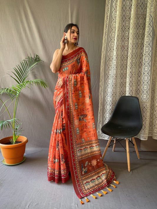 Luxuriant Cotton Digital Print Orange Color Saree