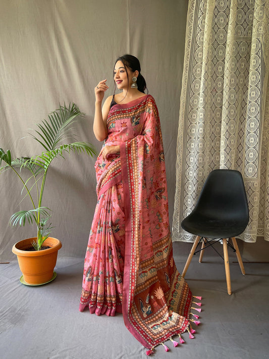 Luxuriant Cotton Digital Print Pink Color Saree