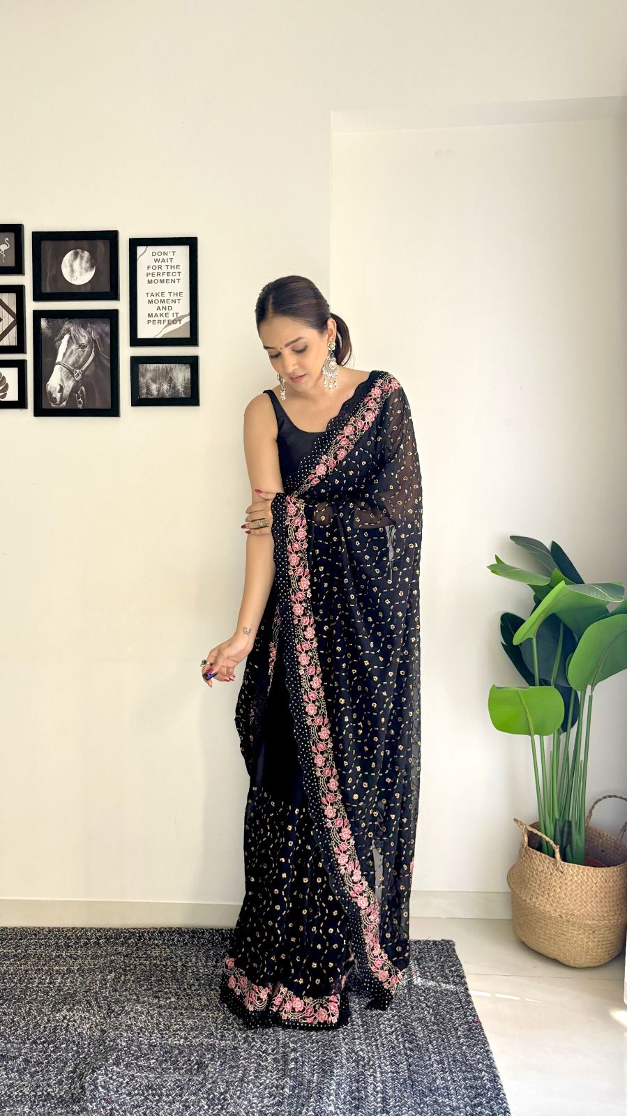 Decent Georgette Sequence Work Black Color Saree