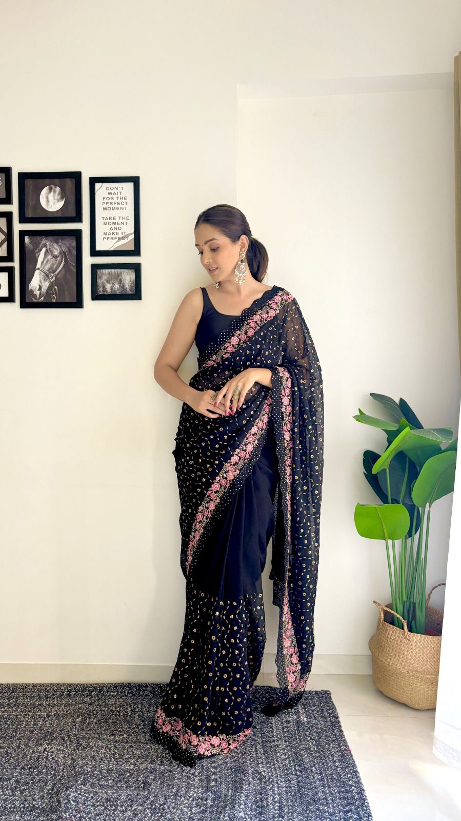 Decent Georgette Sequence Work Black Color Saree