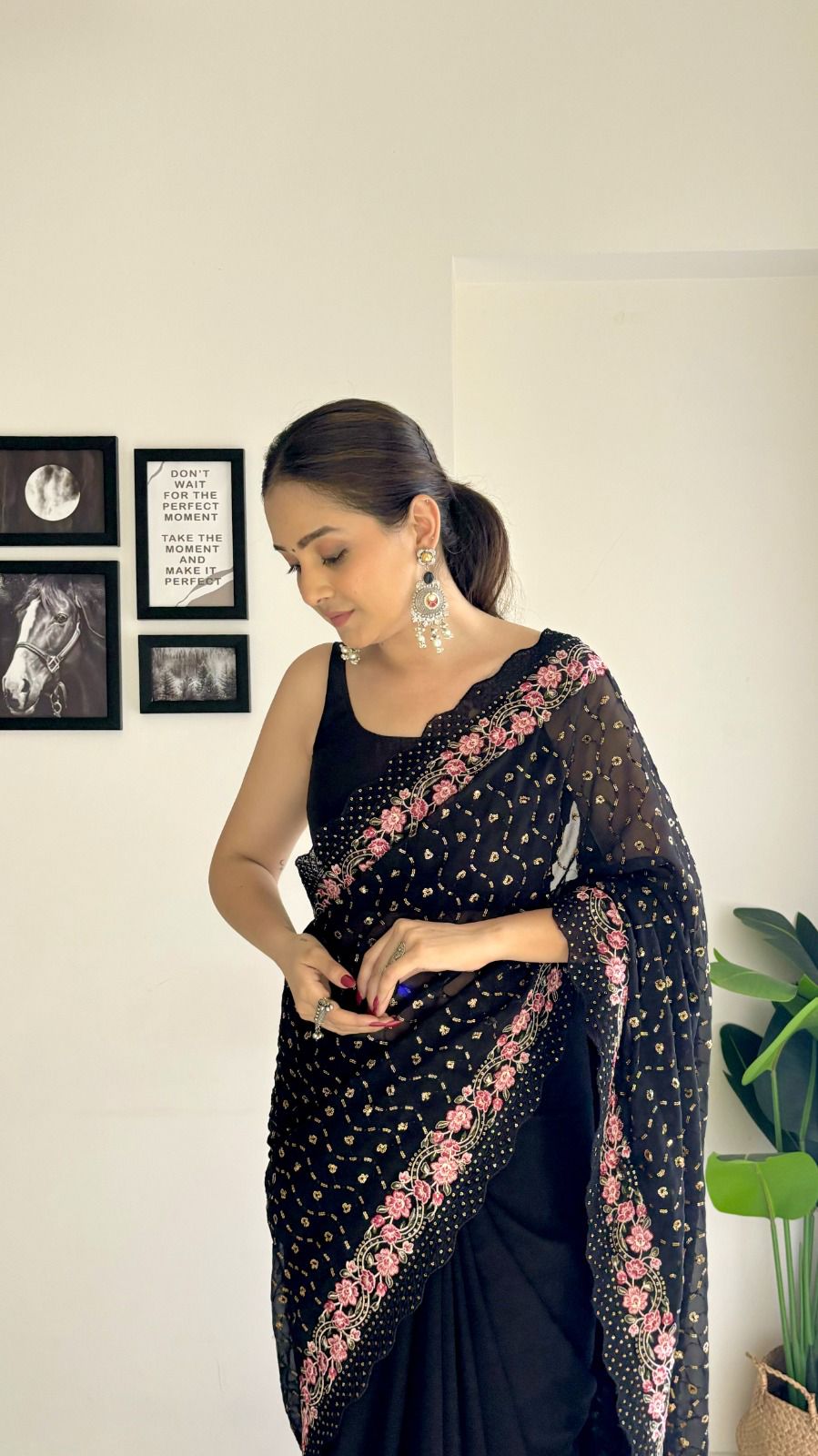 Decent Georgette Sequence Work Black Color Saree