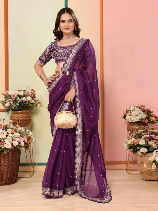 Wonderful Embroidery Work Taby Silk Purple Color Saree