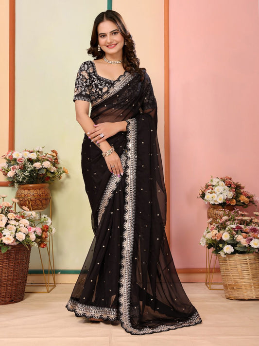 Wonderful Embroidery Work Taby Silk Black Color Saree