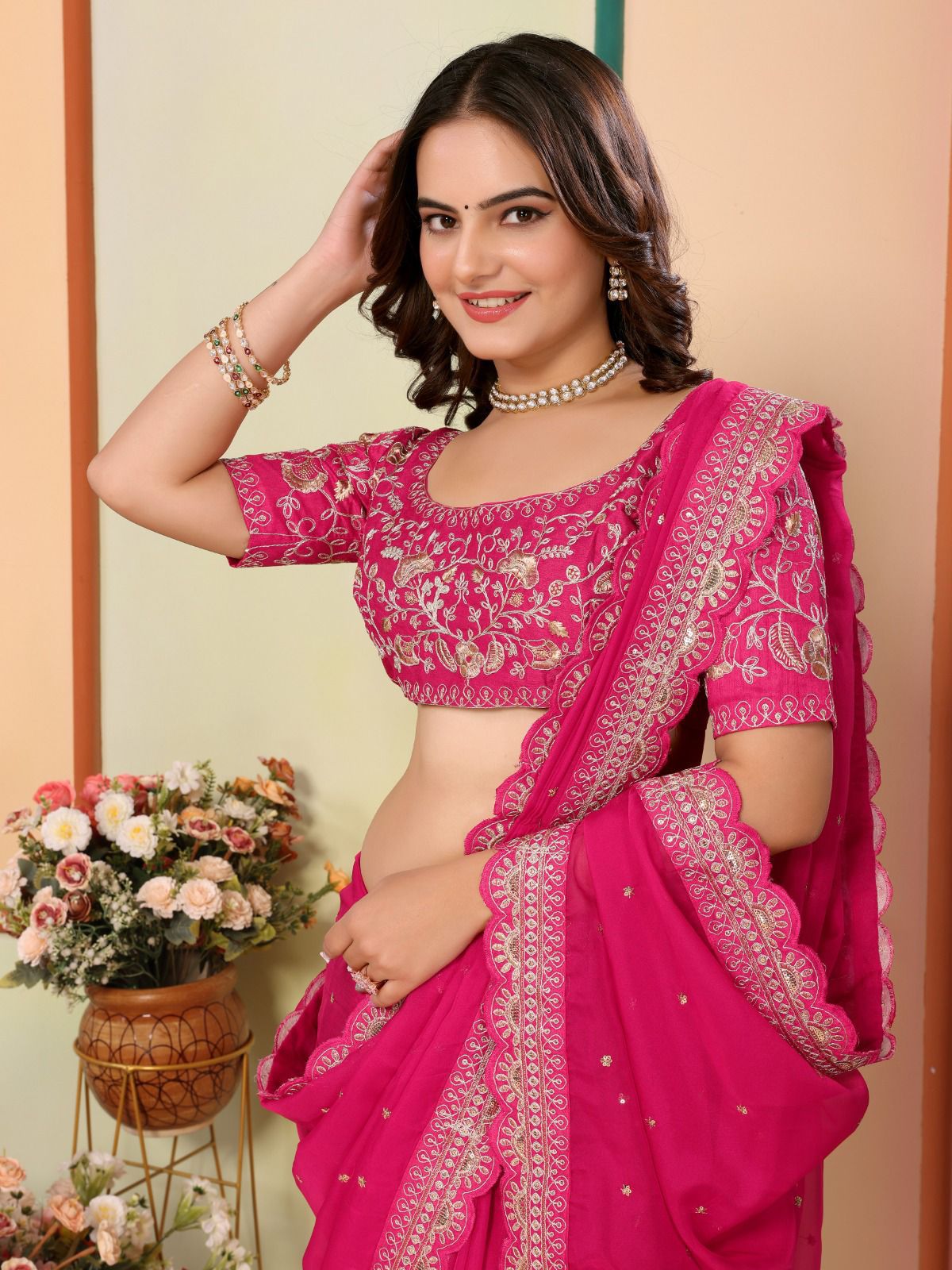 Wonderful Embroidery Work Taby Silk Pink Color Saree