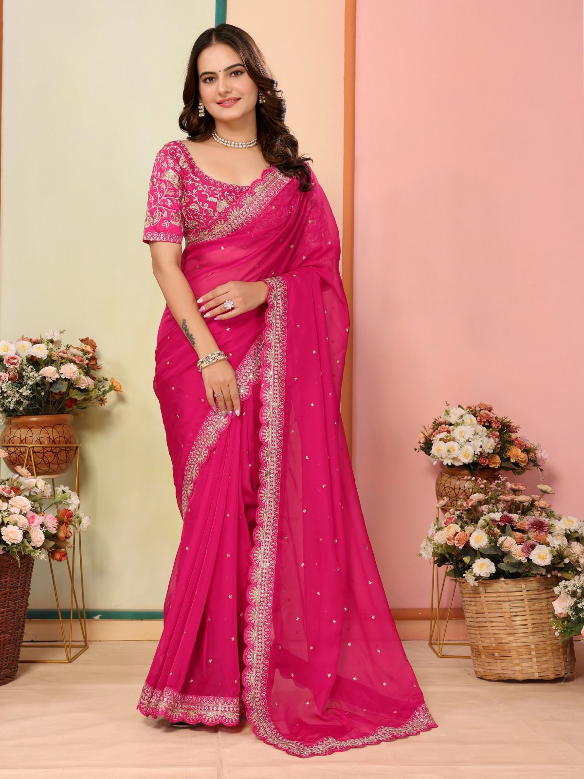 Wonderful Embroidery Work Taby Silk Pink Color Saree