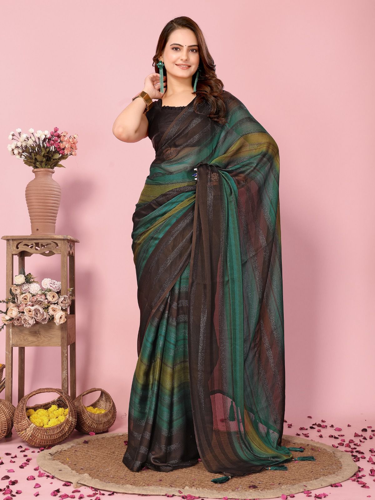 Function Wear Rangoli Ready To Wear Green Color Saree