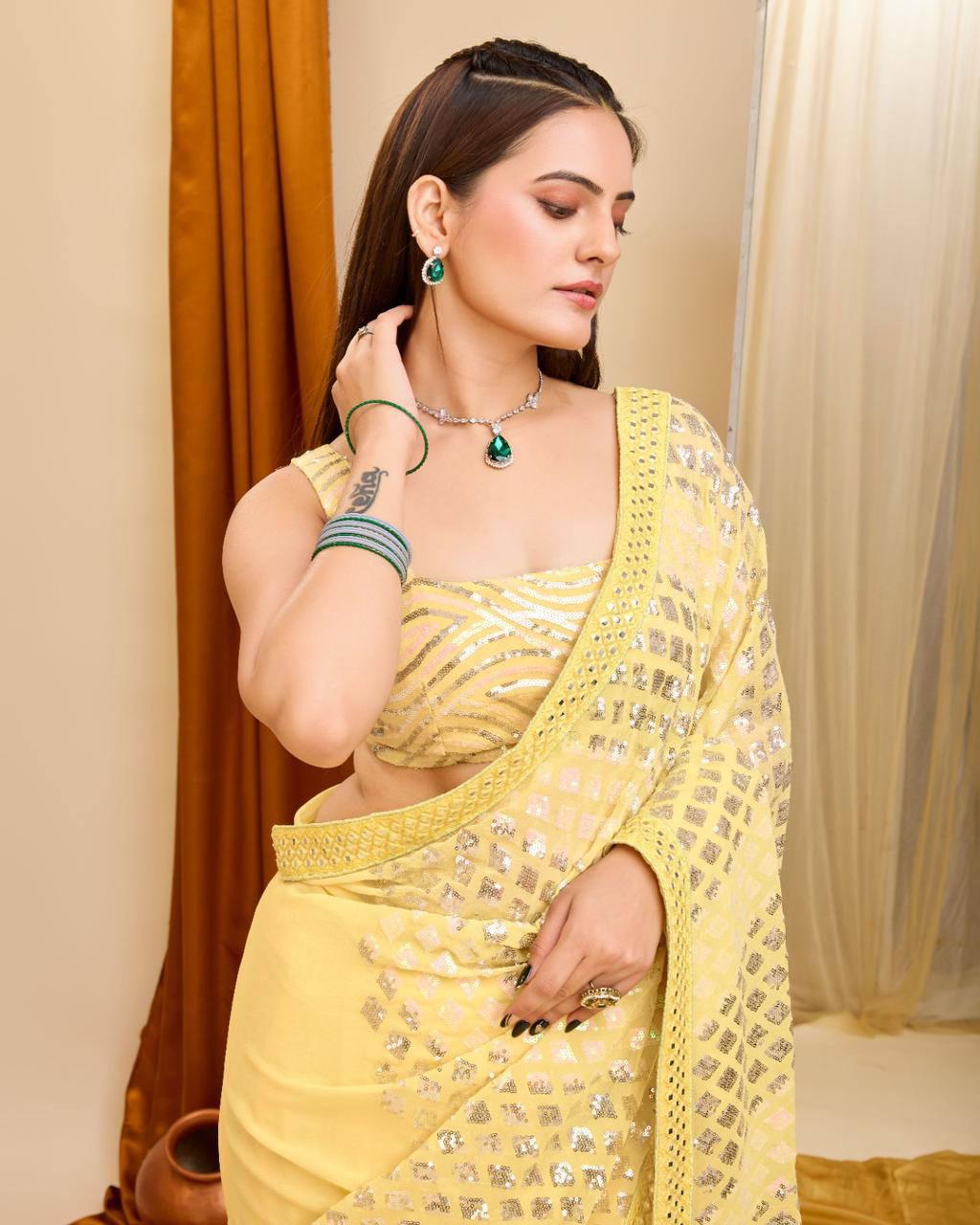 Peaceful Georgette Embroidery With Piping Work Yellow Color Saree