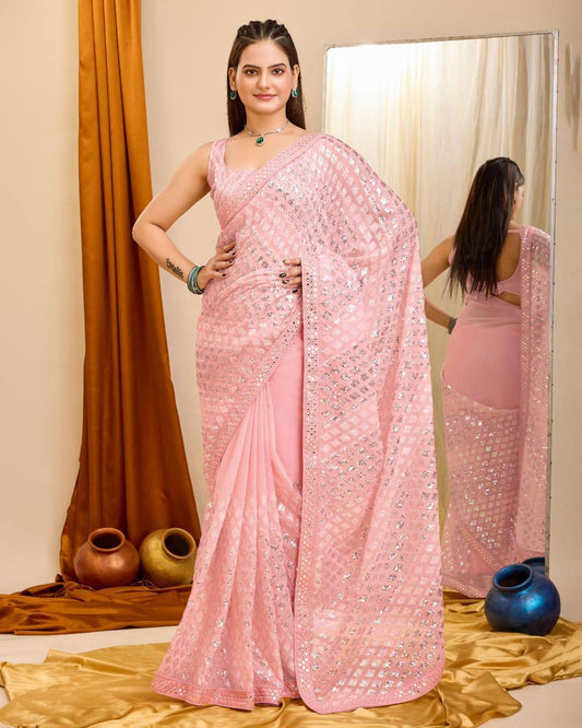 Peaceful Georgette Embroidery With Piping Work Baby Pink Color Saree