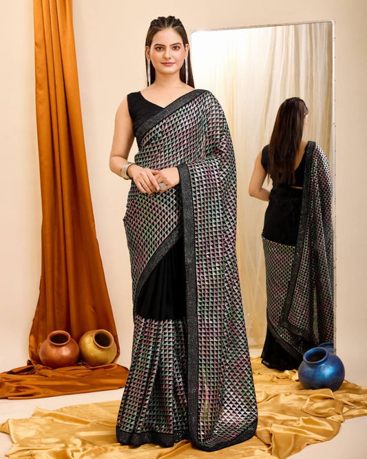 Occasion Wear Georgette Sequence Work Black Color Saree