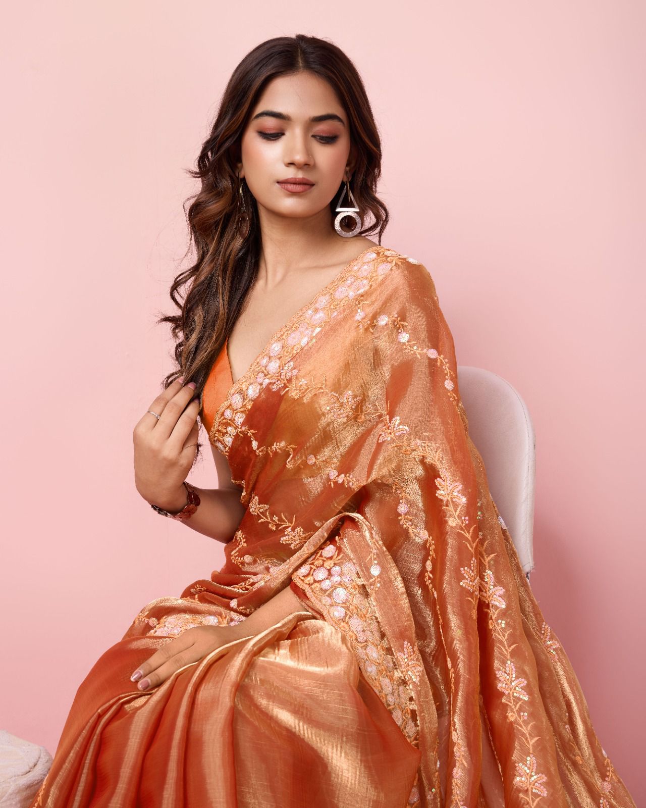 Wonderful Sequence Work Burberry Silk Orange Color Saree