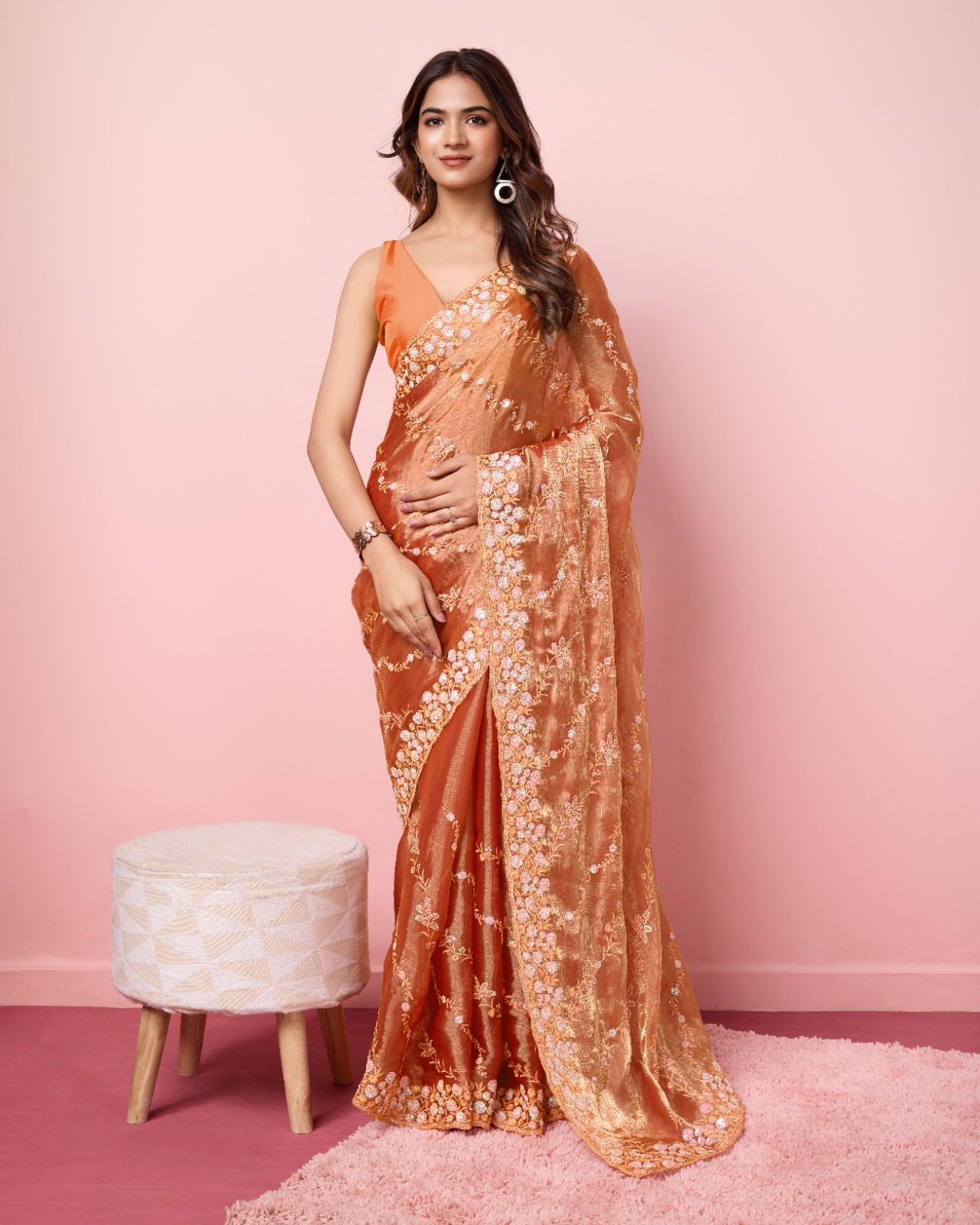 Wonderful Sequence Work Burberry Silk Orange Color Saree