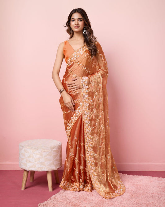 Wonderful Sequence Work Burberry Silk Orange Color Saree