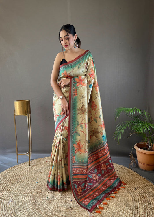 Delightful Silk Digital Printed Beige Color Saree