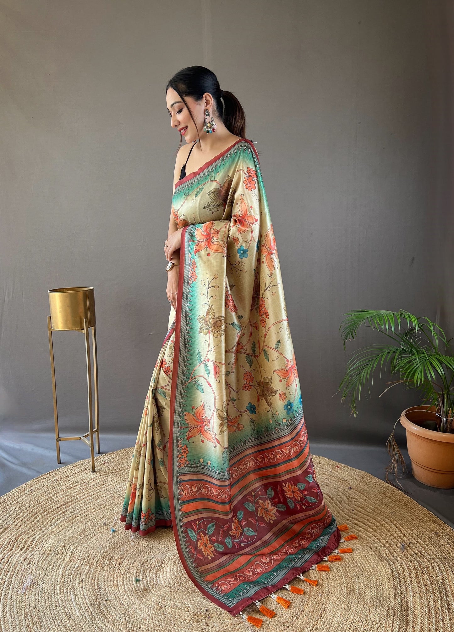 Delightful Silk Digital Printed Beige Color Saree