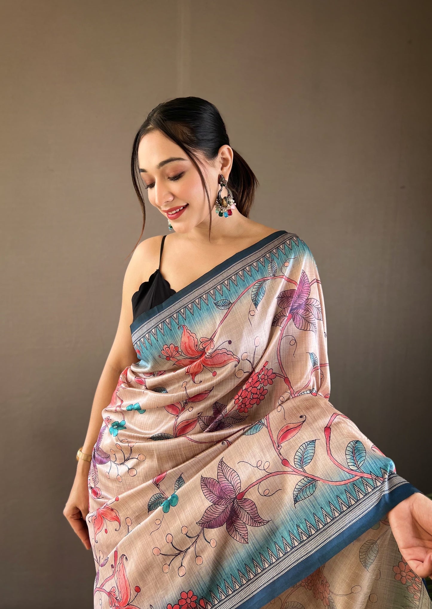 Delightful Silk Digital Printed Peach Color Saree