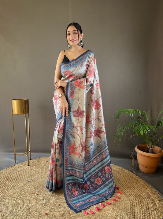 Delightful Silk Digital Printed Blue Color Saree