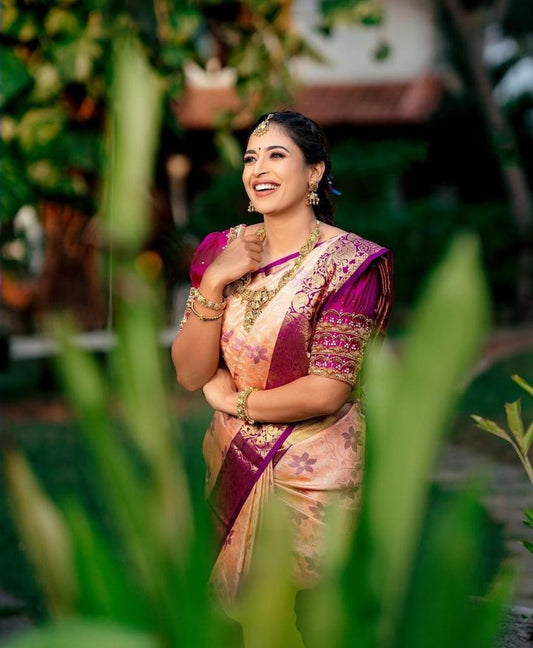 Imposing Jaquard Peach Color Silk Saree