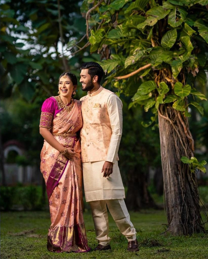 Imposing Jaquard Peach Color Silk Saree