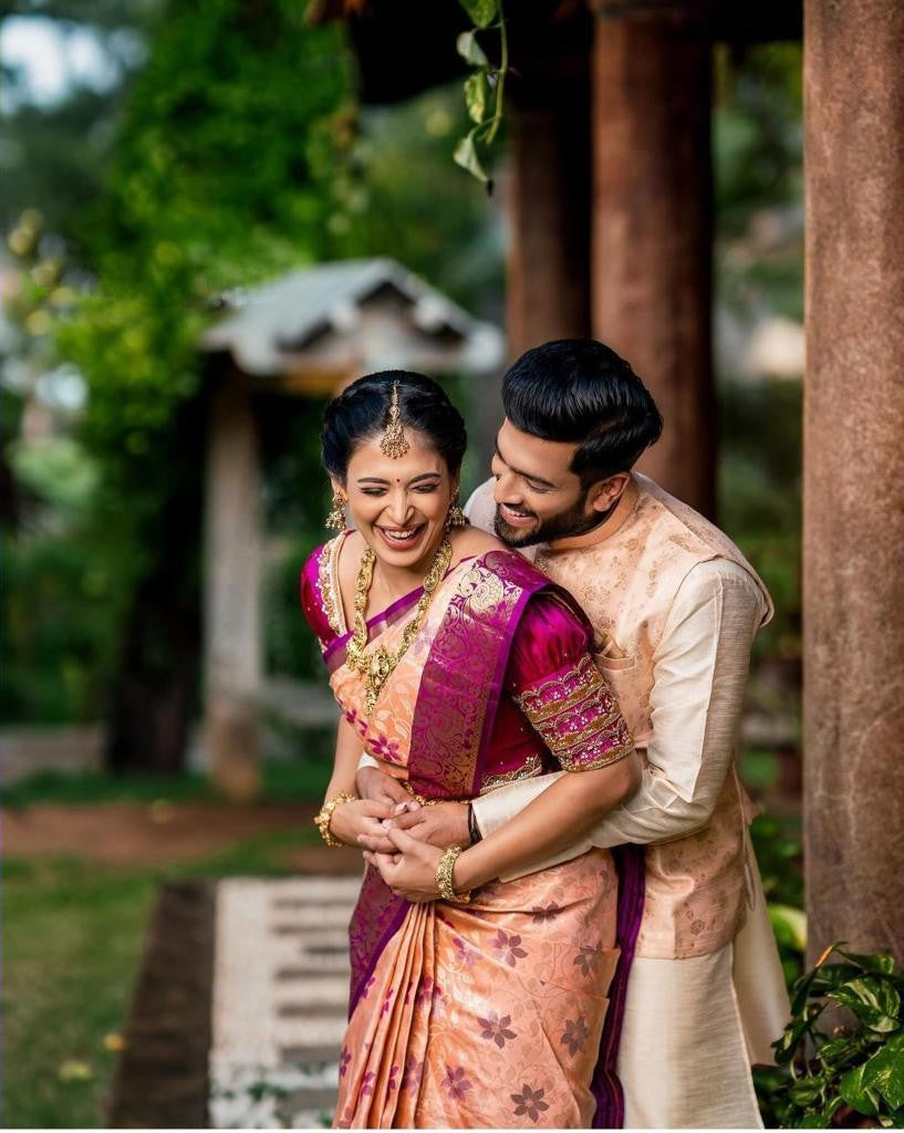 Imposing Jaquard Peach Color Silk Saree