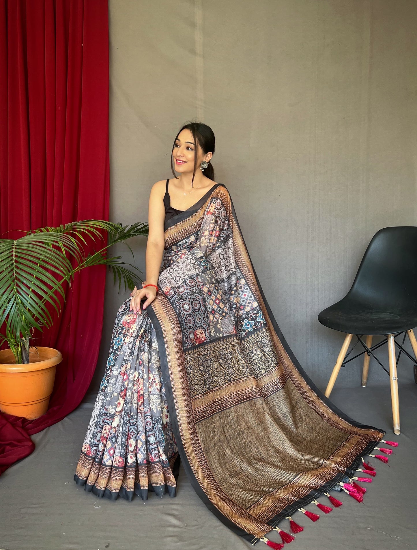 Festive Wear Cotton Kashmiri Digital Print Black Color Saree