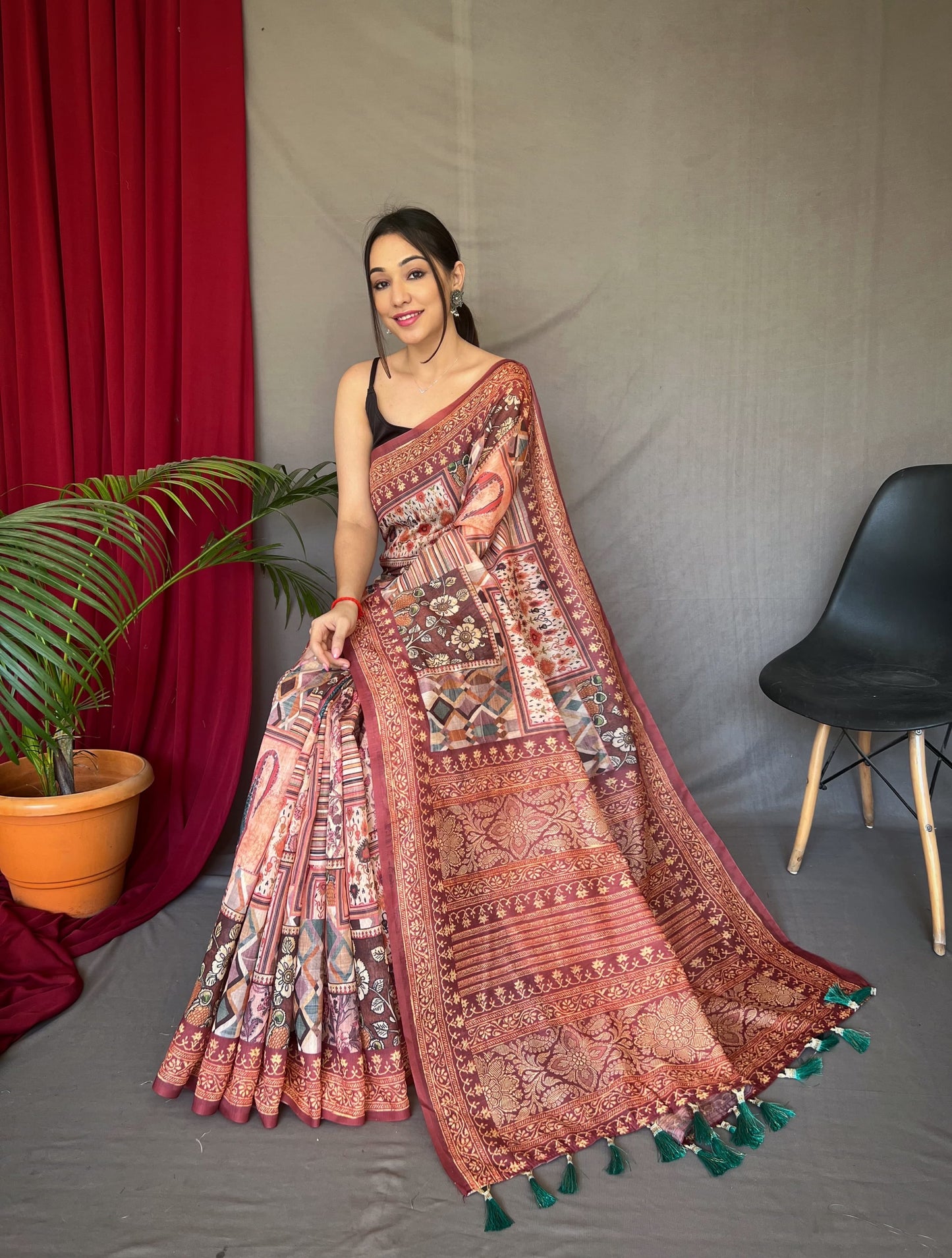 Festive Wear Cotton Kashmiri Digital Print Maroon Color Saree