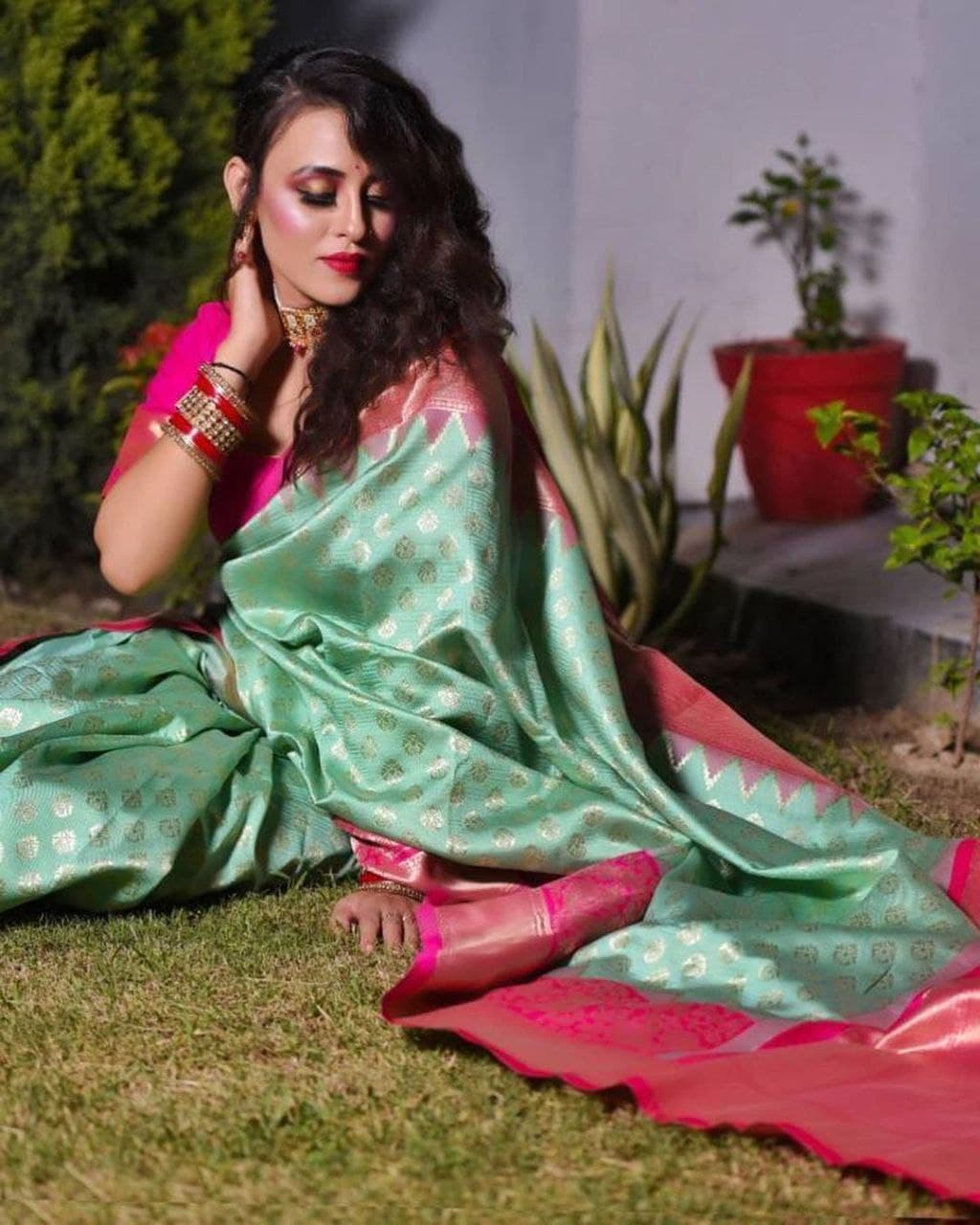 Glorious Jaquard Pista Color Silk Saree