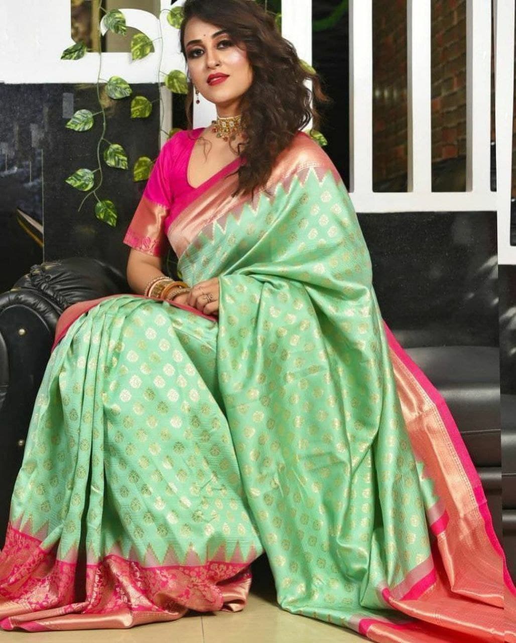 Glorious Jaquard Pista Color Silk Saree