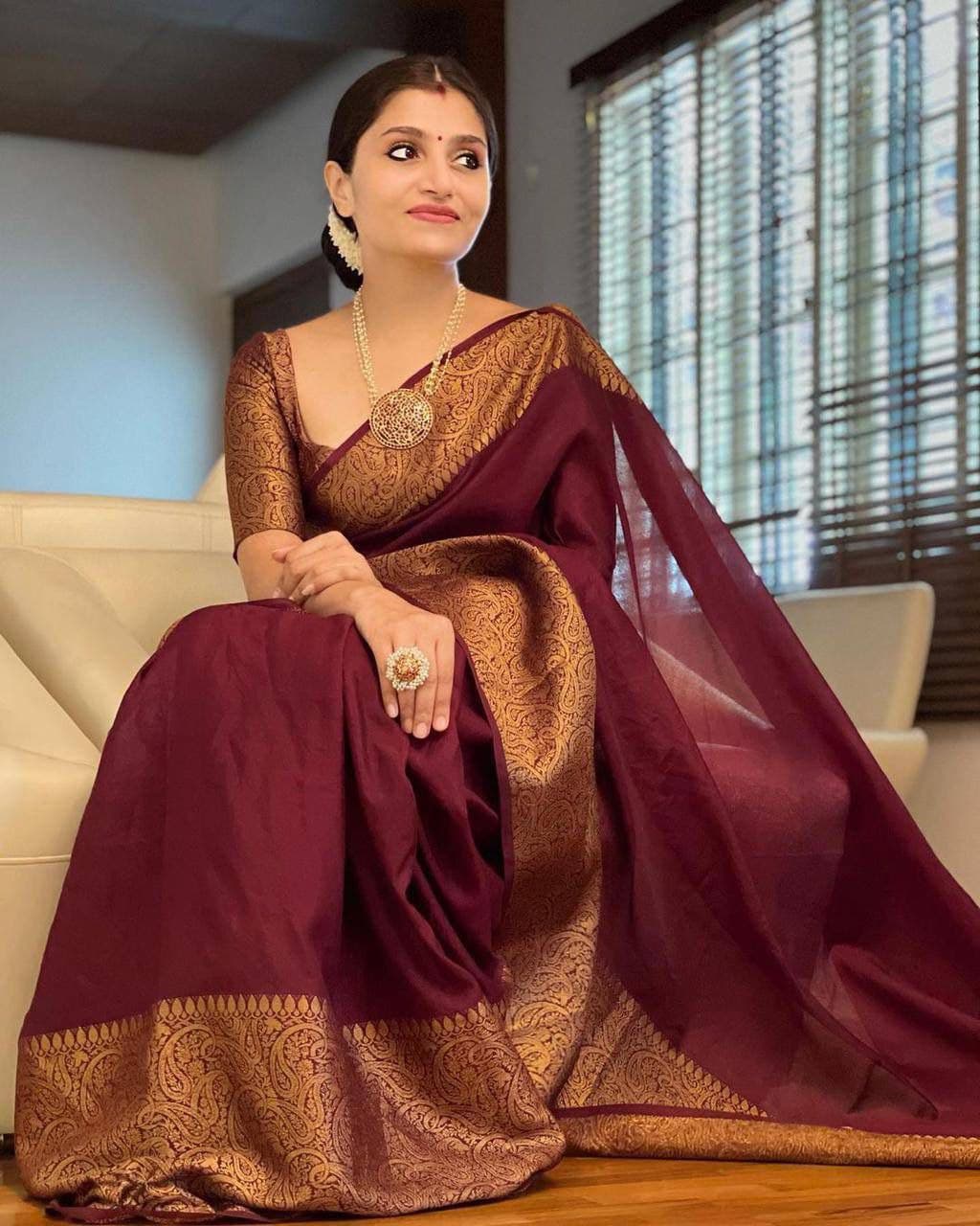 Glorious Jaquard Maroon Color Silk Saree